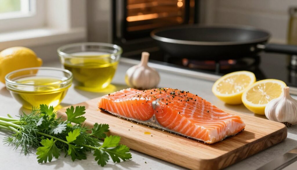 A beautifully arranged kitchen scene featuring a freshly marinated salmon fillet prepared for cooking. In the foreground, vibrant herbs like dill and parsley are scattered around the fillet, enhancing its appeal. The middle ground includes the salmon placed on a wooden cutting board, surrounded by bowls of marinade ingredients such as lemon slices, garlic, and olive oil, creating a colorful and inviting display. In the background, a softly lit oven is preheating, suggesting cooking action ahead. The overall lighting is warm and inviting, with a focus on natural light streaming through a nearby window, casting soft shadows that accentuate the textures of the fish and herbs. The mood conveys a sense of anticipation and homey comfort, perfect for culinary exploration.