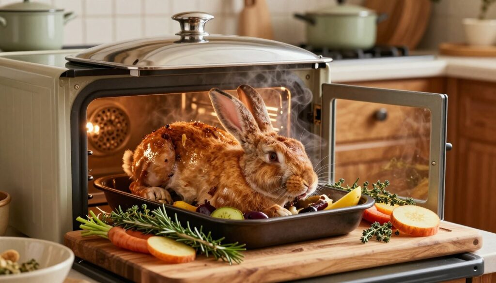 A beautifully arranged kitchen scene featuring a golden-brown rabbit being baked under a shiny, silver lid in a rustic oven. In the foreground, there’s a wooden cutting board with fresh herbs like rosemary and thyme, along with colorful root vegetables surrounding the meat. The middle ground showcases the oven with its glass door partially open, revealing the rabbit inside, steam gently wafting out to create a warm atmosphere. In the background, soft, ambient lighting illuminates the kitchen, highlighting vintage cookware and warm wooden cabinetry. The overall mood is cozy and inviting, evoking a sense of home-cooked comfort. The perspective is slightly angled, providing a close-up view to emphasize the delicious details of the dish.
