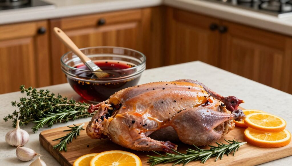 A beautifully arranged kitchen scene featuring a whole goose being marinated. In the foreground, the goose is laid on a wooden cutting board, surrounded by fresh herbs like thyme and rosemary, as well as garlic cloves and orange slices for flavoring. In the middle, a glass bowl holds a rich marinade made of red wine, spices, and olive oil, with a basting brush beside it. The background showcases a rustic kitchen with warm wooden cabinets and soft, ambient lighting, creating a cozy atmosphere. The scene is captured from a slight overhead angle to emphasize the preparation process, evoking a sense of culinary artistry and anticipation for the delicious meal to come.