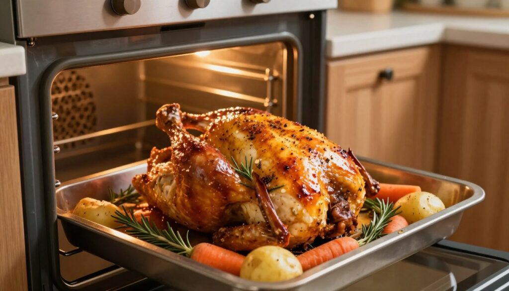 A beautifully arranged kitchen scene featuring a whole marinated chicken in an oven, glistening with spices and herbs. The foreground shows the chicken placed on a roasting tray, surrounded by vibrant vegetables like carrots, potatoes, and rosemary sprigs. In the middle ground, the oven door is slightly ajar, radiating warm golden light that highlights the chicken's crispy skin. The background consists of a cozy kitchen with wooden cabinets and soft, ambient lighting, creating a homely atmosphere. The image should be captured from a slightly elevated angle, emphasizing the deliciousness of the dish, while invoking a sense of warmth and appetizing delight. The overall mood is inviting and homey, perfect for encouraging the viewer to try roasting marinated chicken.