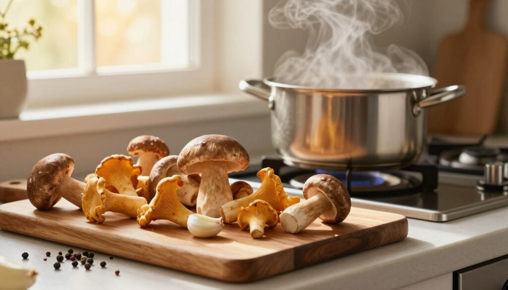 A beautifully arranged kitchen scene featuring freshly picked mushrooms ready for pickling. In the foreground, a wooden cutting board displays various types of cleaned mushrooms, such as chanterelles and porcini, accompanied by spices like peppercorns and garlic cloves. The middle ground includes a pot of water simmering on a stove, with steam gently rising, creating a warm and inviting atmosphere. In the background, a window lets in soft, golden sunlight filtering through sheer curtains, highlighting the natural textures of wood and stainless steel in the kitchen. The mood is cozy and encouraging, perfect for home cooks, with a focus on the delicious process of preparing mushrooms for marination. The composition is shot from a slight angle to emphasize depth and detail. A beautifully arranged kitchen scene featuring freshly picked mushrooms ready for pickling. In the foreground, a wooden cutting board displays various types of cleaned mushrooms, such as chanterelles and porcini, accompanied by spices like peppercorns and garlic cloves. The middle ground includes a pot of water simmering on a stove, with steam gently rising, creating a warm and inviting atmosphere. In the background, a window lets in soft, golden sunlight filtering through sheer curtains, highlighting the natural textures of wood and stainless steel in the kitchen. The mood is cozy and encouraging, perfect for home cooks, with a focus on the delicious process of preparing mushrooms for marination. The composition is shot from a slight angle to emphasize depth and detail.