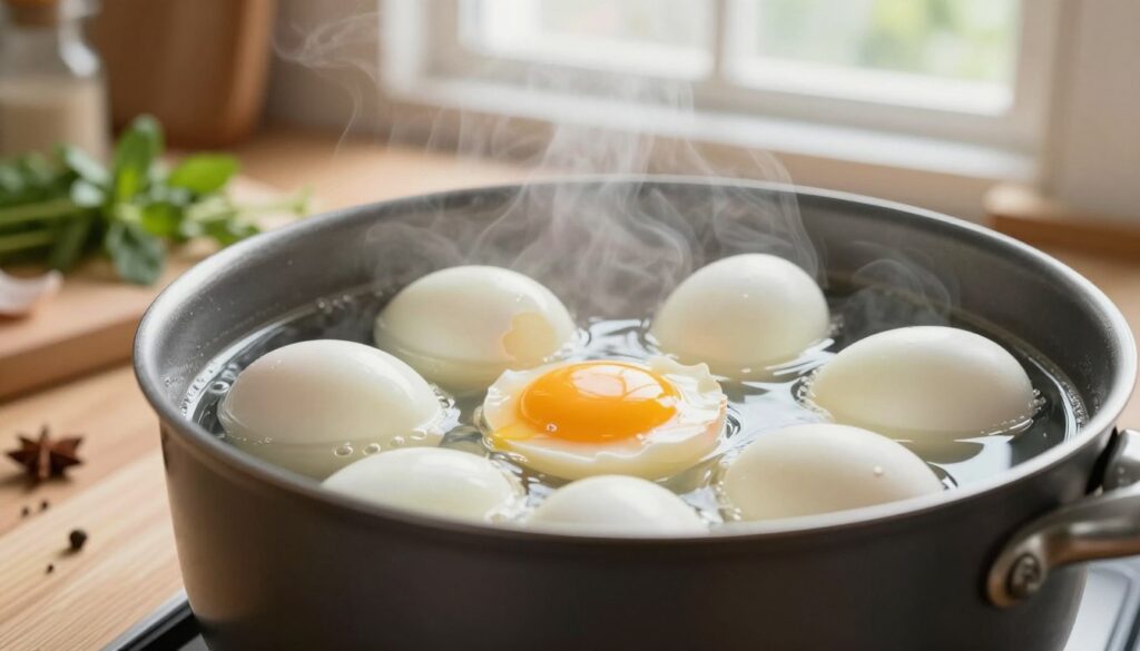 A beautifully arranged kitchen scene focused on a pot of boiling water with perfectly soft-boiled eggs nestled inside, steam rising gently. In the foreground, there is a close-up view of the eggs, showcasing their smooth white shells, while one egg is cracked open, revealing the runny, golden yolk spilling out. The middle layer includes a wooden countertop with fresh herbs and spices nearby, creating a warm and inviting atmosphere. The background features soft, natural light streaming in from a window, casting a cozy glow over the scene. Use a shallow depth of field to blur the background slightly, emphasizing the eggs as the main subject and evoking a delicious, homely vibe. A beautifully arranged kitchen scene focused on a pot of boiling water with perfectly soft-boiled eggs nestled inside, steam rising gently. In the foreground, there is a close-up view of the eggs, showcasing their smooth white shells, while one egg is cracked open, revealing the runny, golden yolk spilling out. The middle layer includes a wooden countertop with fresh herbs and spices nearby, creating a warm and inviting atmosphere. The background features soft, natural light streaming in from a window, casting a cozy glow over the scene. Use a shallow depth of field to blur the background slightly, emphasizing the eggs as the main subject and evoking a delicious, homely vibe.