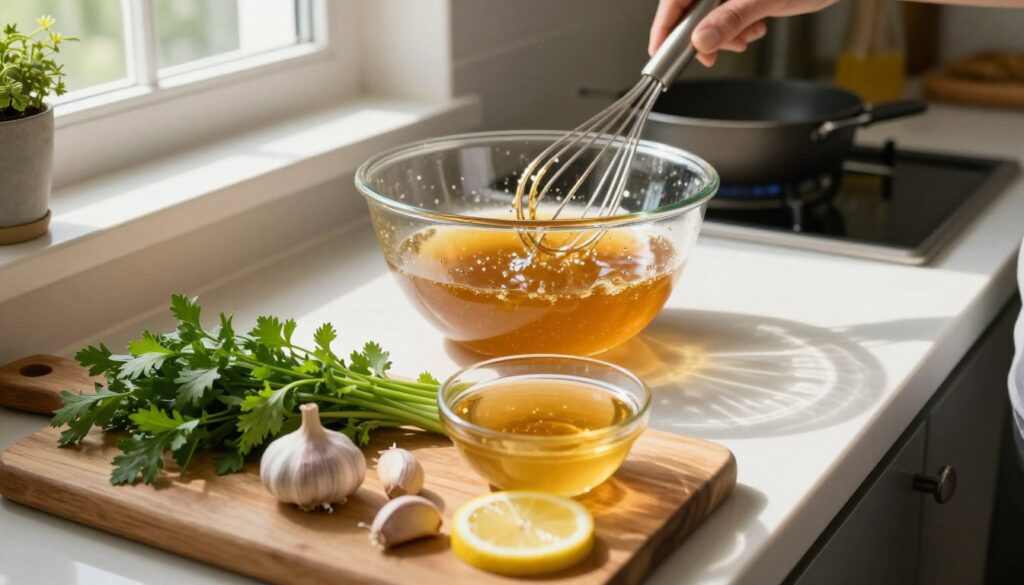 A beautifully arranged kitchen scene focused on preparing marinade for roasted chicken. In the foreground, a wooden cutting board displays fresh ingredients: vibrant green herbs, garlic cloves, and sliced lemons, along with a small bowl filled with a rich, golden marinade. The middle section shows a well-used mixing bowl and a whisk, with splashes of the marinade on the counter, symbolizing an active cooking process. In the background, soft, natural light filters through a window, illuminating the kitchen with a warm glow and casting gentle shadows. The atmosphere is inviting and homely, evoking a sense of comfort and culinary creativity. The angle is slightly overhead to capture the rich colors and textures, emphasizing the freshness of the ingredients.