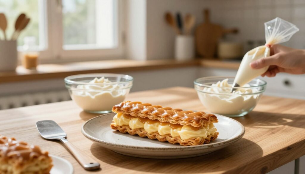 A beautifully arranged kitchen scene focused on the delicate process of assembling a caramel cream puff pastry called karpatka. In the foreground, a wooden table features a rustic ceramic plate holding two layers of the golden, wavy karpatka pastry, filled with rich, creamy custard. A spatula is positioned nearby, ready to spread the cream. In the middle ground, a well-lit window allows soft, natural light to illuminate the scene, casting gentle shadows across the table. There is a glass bowl filled with additional cream and a pastry bag for decoration. The background shows kitchen shelves with baking tools and ingredients, creating a cozy atmosphere. The mood is inviting and homely, perfect for showcasing the art of pastry making.