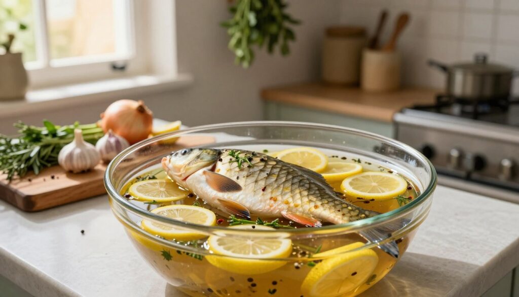 A beautifully arranged kitchen scene focused on the marinating process of a whole carp. In the foreground, a large glass bowl filled with a vibrant marinade composed of lemon slices, aromatic herbs, and spices surrounding the fish, which sits gracefully in the mixture. The middle ground features a wooden cutting board with fresh ingredients like garlic and onion, hinting at preparation. In the background, a softly lit kitchen with rustic decor, showcasing herbs hanging from the ceiling and the warm glow of sunlight filtering through a nearby window. The atmosphere feels inviting and homely, evoking a sense of culinary tradition. The composition should be shot from a slightly elevated angle, providing a clear view of the fish in marinade, while maintaining a shallow depth of field to focus on the textures and colors. A beautifully arranged kitchen scene focused on the marinating process of a whole carp. In the foreground, a large glass bowl filled with a vibrant marinade composed of lemon slices, aromatic herbs, and spices surrounding the fish, which sits gracefully in the mixture. The middle ground features a wooden cutting board with fresh ingredients like garlic and onion, hinting at preparation. In the background, a softly lit kitchen with rustic decor, showcasing herbs hanging from the ceiling and the warm glow of sunlight filtering through a nearby window. The atmosphere feels inviting and homely, evoking a sense of culinary tradition. The composition should be shot from a slightly elevated angle, providing a clear view of the fish in marinade, while maintaining a shallow depth of field to focus on the textures and colors.