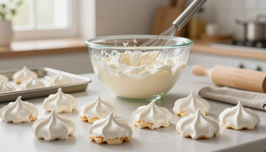 A beautifully arranged kitchen scene focusing on common meringue problems. In the foreground, display cracked and undercooked meringue shells alongside perfectly baked ones for comparison. The middle ground features a mixing bowl with fluffy meringue and a whisk, emphasizing the texture and shine of the egg whites. In the background, softly blurred elements like a baking tray, kitchen utensils, and a window with natural light streaming in to create a warm, inviting atmosphere. The lighting is bright and diffused, enhancing the details of the meringues and the kitchen. The overall mood should be educational and uplifting, illustrating the art of baking with a focus on troubleshooting.