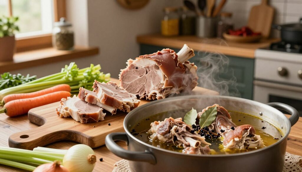 A beautifully arranged kitchen scene focusing on the process of cooking golonka (pork knuckle) step-by-step. In the foreground, a large, steaming pot filled with golonka simmering in rich broth garnished with aromatic herbs like bay leaves and juniper berries. In the middle, a cutting board displays slices of tender meat, showcasing the texture as it easily separates from the bone. Fresh vegetables, including carrots, onions, and celery, are artfully scattered around. In the background, a rustic kitchen setting with wooden shelves filled with spices and cooking utensils, bathed in warm, natural light from a nearby window, creating a cozy atmosphere. The camera angle captures the essence of home cooking, evoking a sense of warmth and tradition.