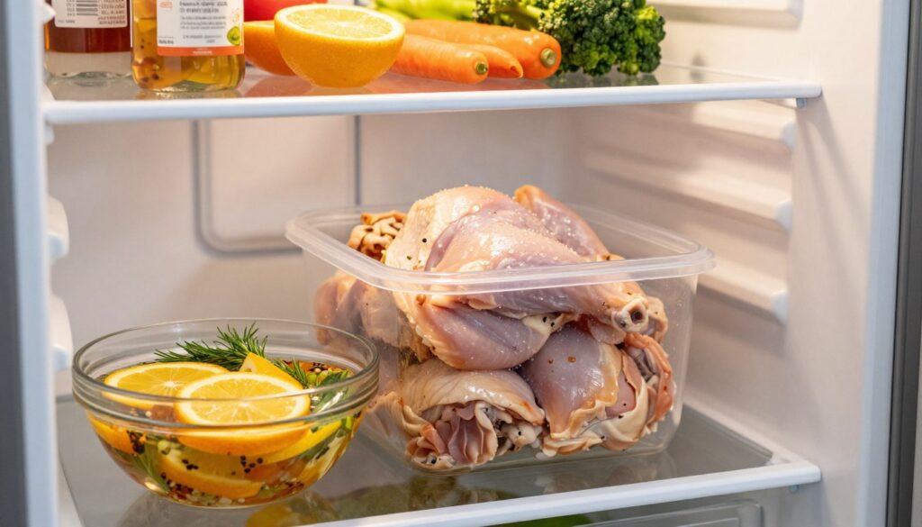 A beautifully arranged kitchen scene showcasing the preparation of marinated chicken in an open refrigerator. In the foreground, a glass bowl filled with a vibrant marinade, featuring herbs, spices, and zesty citrus slices, sits next to fresh chicken pieces ready for marination. The middle of the image highlights the neatly packed chicken in a transparent container, with droplets of marinade glistening on the surface. The refrigerator shelves are organized, with colorful vegetables and condiments in the background, creating an inviting atmosphere. Soft, natural lighting illuminates the scene, casting gentle shadows; the camera angle is slightly above eye level, providing a cozy and homey feel. The overall mood conveys freshness and anticipation, perfect for illustrating the art of marinating chicken. A beautifully arranged kitchen scene showcasing the preparation of marinated chicken in an open refrigerator. In the foreground, a glass bowl filled with a vibrant marinade, featuring herbs, spices, and zesty citrus slices, sits next to fresh chicken pieces ready for marination. The middle of the image highlights the neatly packed chicken in a transparent container, with droplets of marinade glistening on the surface. The refrigerator shelves are organized, with colorful vegetables and condiments in the background, creating an inviting atmosphere. Soft, natural lighting illuminates the scene, casting gentle shadows; the camera angle is slightly above eye level, providing a cozy and homey feel. The overall mood conveys freshness and anticipation, perfect for illustrating the art of marinating chicken.