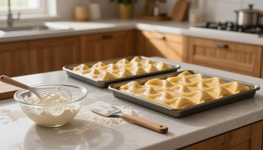 A beautifully arranged kitchen scene showcasing the process of baking a traditional Karpatka pastry without convection. In the foreground, depict an elegantly decorated countertop with freshly whisked egg whites, flour, and a mixing bowl, with a spatula resting beside it. In the middle ground, show two baking trays filled with the layered cake batter, perfectly shaped to create the characteristic waves. The background features a warm, inviting kitchen with wooden cabinetry and soft, ambient lighting from a window, casting gentle shadows. Capture a cozy atmosphere, evoking a sense of home and culinary mastery. Use a focus on natural light to enhance the textures of the ingredients and create a welcoming, inspiring baking environment.