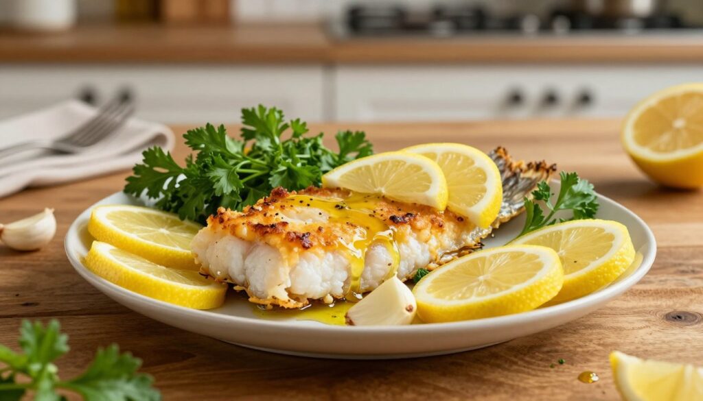 A beautifully arranged plate of baked cod, garnished with fresh lemon slices and aromatic garlic cloves. In the foreground, the golden, flaky fish glistens with a drizzle of olive oil. Surrounding the cod are vibrant sprigs of parsley and thinly sliced lemon, adding a fresh contrast. In the middle ground, a rustic wooden table provides a warm, inviting texture, while hints of kitchen utensils and a faint oil splash add authenticity to the scene. The background features a softly blurred kitchen ambiance, with warm lighting creating a cozy atmosphere. The image should evoke a sense of home-cooked comfort and culinary delight, capturing the essence of a delicious seafood dish.