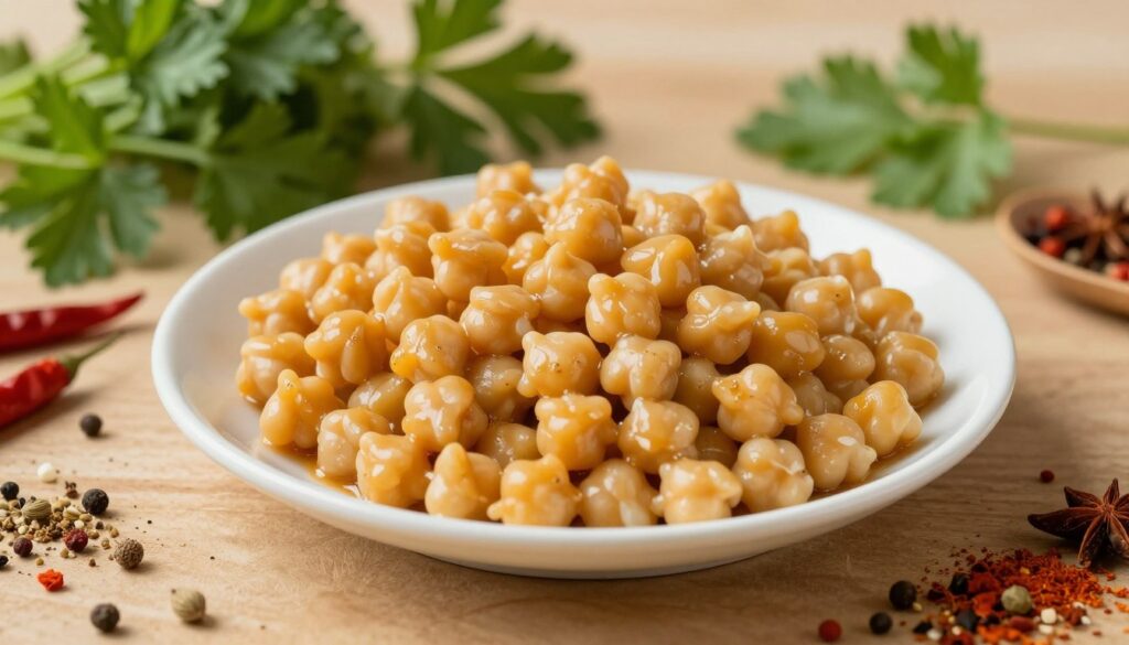 A beautifully arranged plate of cooked chickpeas is the focal point of the image, showcasing their creamy texture and golden hue. Surrounding the chickpeas, a variety of colorful spices—like paprika, cumin, and coriander—scatter playfully across the table, hinting at flavoring options. In the background, soft greens of fresh herbs such as parsley and cilantro frame the scene, adding a touch of freshness. The lighting is warm and inviting, creating a homely atmosphere, while a shallow depth of field draws attention to the chickpeas. The image is shot from a slightly elevated angle, allowing the viewer to appreciate the arrangement and textures, evoking a sense of culinary creativity and warmth. A beautifully arranged plate of cooked chickpeas is the focal point of the image, showcasing their creamy texture and golden hue. Surrounding the chickpeas, a variety of colorful spices—like paprika, cumin, and coriander—scatter playfully across the table, hinting at flavoring options. In the background, soft greens of fresh herbs such as parsley and cilantro frame the scene, adding a touch of freshness. The lighting is warm and inviting, creating a homely atmosphere, while a shallow depth of field draws attention to the chickpeas. The image is shot from a slightly elevated angle, allowing the viewer to appreciate the arrangement and textures, evoking a sense of culinary creativity and warmth.