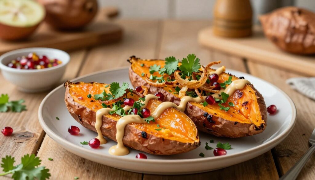 A beautifully arranged plate of roasted sweet potatoes, garnished with a variety of toppings. In the foreground, focus on vibrant sweet potato halves, perfectly caramelized with a golden-brown exterior, revealing a soft, fluffy interior. Scatter fresh herbs like parsley and cilantro on top, along with a drizzle of creamy tahini sauce. Add crispy fried onions and pomegranate seeds for a burst of color and texture. In the middle ground, include a rustic wooden table setting with a small bowl of spicy dipping sauce. The background features a softly lit, cozy kitchen ambiance with blurred culinary tools and ingredients, creating a warm and inviting atmosphere. Utilize warm, natural lighting to enhance the earthy tones and create a homely feel. Capture the scene from a slightly angled, overhead perspective to highlight the dish's appeal. A beautifully arranged plate of roasted sweet potatoes, garnished with a variety of toppings. In the foreground, focus on vibrant sweet potato halves, perfectly caramelized with a golden-brown exterior, revealing a soft, fluffy interior. Scatter fresh herbs like parsley and cilantro on top, along with a drizzle of creamy tahini sauce. Add crispy fried onions and pomegranate seeds for a burst of color and texture. In the middle ground, include a rustic wooden table setting with a small bowl of spicy dipping sauce. The background features a softly lit, cozy kitchen ambiance with blurred culinary tools and ingredients, creating a warm and inviting atmosphere. Utilize warm, natural lighting to enhance the earthy tones and create a homely feel. Capture the scene from a slightly angled, overhead perspective to highlight the dish's appeal.