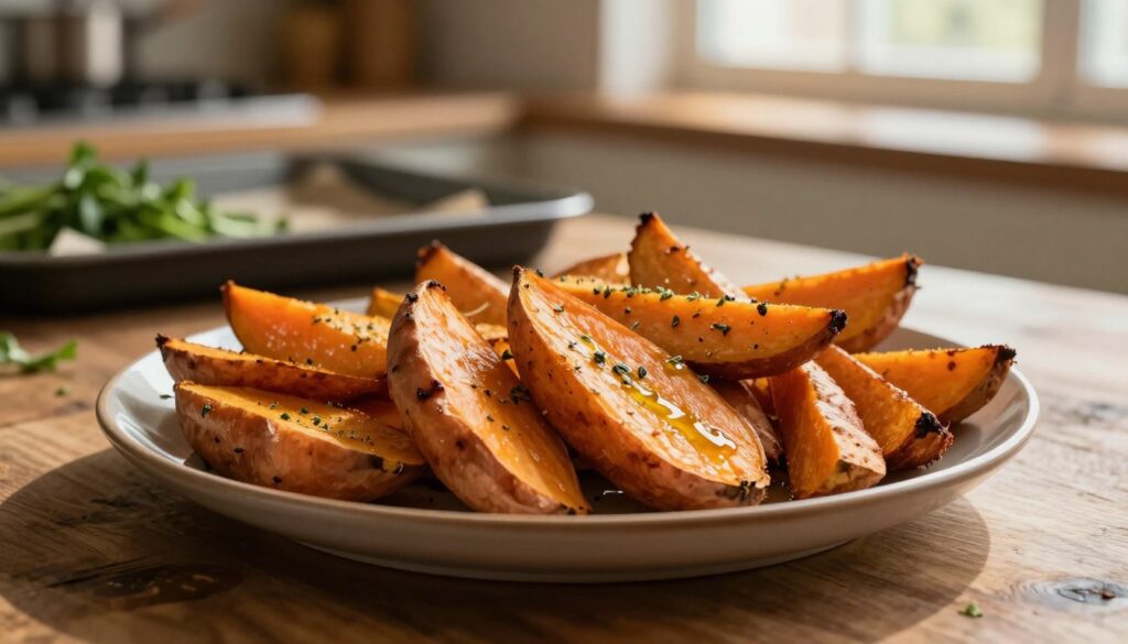 A beautifully arranged platter featuring roasted sweet potatoes cut into chunky wedges and crispy sweet potato fries. The foreground showcases the vibrant orange color of the bataty, glistening with a drizzle of olive oil and sprinkled with herbs. The middle ground includes a rustic wooden table, setting the stage for the dish, with gentle shadows creating depth. In the background, softly blurred kitchen elements—such as a baking tray and fresh herbs—convey a homey atmosphere. The lighting is warm and inviting, reminiscent of late afternoon sun filtering through a kitchen window. The overall mood is cozy and appetizing, emphasizing the deliciousness and comfort of baked sweet potatoes. A beautifully arranged platter featuring roasted sweet potatoes cut into chunky wedges and crispy sweet potato fries. The foreground showcases the vibrant orange color of the bataty, glistening with a drizzle of olive oil and sprinkled with herbs. The middle ground includes a rustic wooden table, setting the stage for the dish, with gentle shadows creating depth. In the background, softly blurred kitchen elements—such as a baking tray and fresh herbs—convey a homey atmosphere. The lighting is warm and inviting, reminiscent of late afternoon sun filtering through a kitchen window. The overall mood is cozy and appetizing, emphasizing the deliciousness and comfort of baked sweet potatoes.