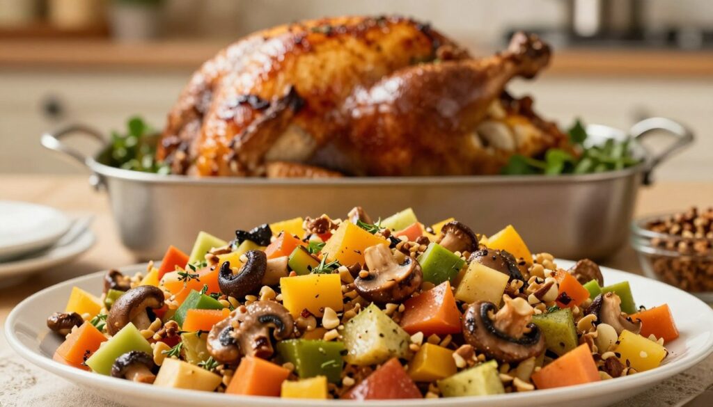 A beautifully arranged platter of turkey stuffing, showcasing a colorful mix of finely chopped vegetables, juicy mushrooms, vibrant fruits, and crunchy nuts. In the foreground, focus on the rich texture and intricate details of the stuffing, glistening with herbs and spices, inviting the viewer's appetite. In the middle ground, an elegant roasting pan cradles a perfectly seasoned turkey, surrounded by aromatic herbs and garnishing ingredients, creating a festive and inviting atmosphere. The background features a softly lit kitchen setting with warm, golden tones, evoking comfort and home-cooked warmth. The lighting should add a gentle glow to the scene, enhancing the freshness and appeal of the stuffing, while a shallow depth of field blurs the background slightly, bringing attention to the delicious filling.