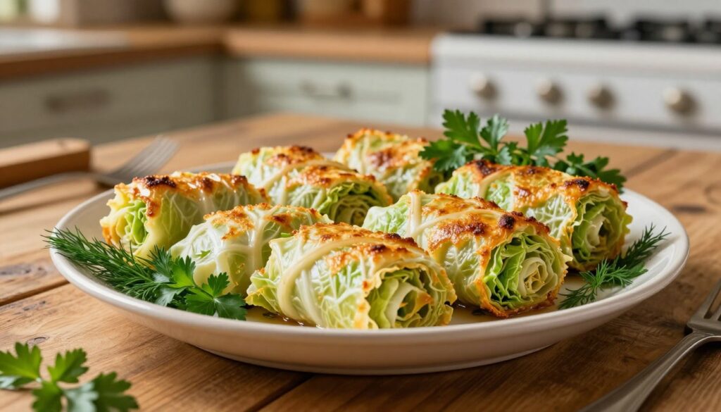 A beautifully arranged platter of young cabbage rolls, or "gołąbki," freshly baked in an oven, resting on a rustic wooden table. The rolls are golden brown, showcasing a crispy exterior, with hints of green from the young cabbage peeking through. Surrounding the dish, there are sprigs of fresh herbs like parsley and dill, enhancing the vibrant colors. The background features a softly lit kitchen with warm tones, creating an inviting atmosphere. The scene captures the essence of homely cooking, with gentle, natural lighting casting soft shadows to emphasize the textures of the meal. A close-up perspective focuses on the details of the cabbage rolls, inviting viewers to savor the moment and envision the delicious flavors.