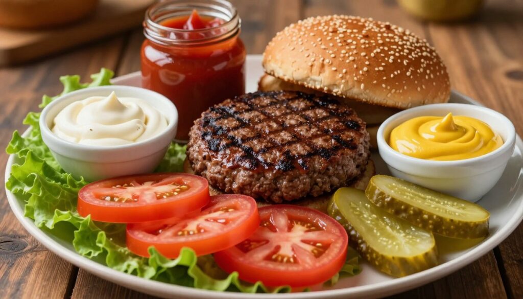 A beautifully arranged platter showcasing a variety of burger toppings and sauces. In the foreground, include fresh, vibrant vegetables like crisp lettuce, juicy tomato slices, and sliced pickles. Add a small bowl of creamy mayonnaise, a jar of tangy ketchup, and a dish of zesty mustard. In the middle, feature a juicy, cooked burger patty, glistening with grill marks, ready to be assembled. The background should be a rustic wooden table, subtly lit with warm, inviting light, enhancing the rich colors of the ingredients. The atmosphere should feel cozy and appetizing, appealing to home cooks looking to elevate their burger game. The camera angle is slightly above, focusing on the toppings and burger, capturing the essence of homemade culinary delight.