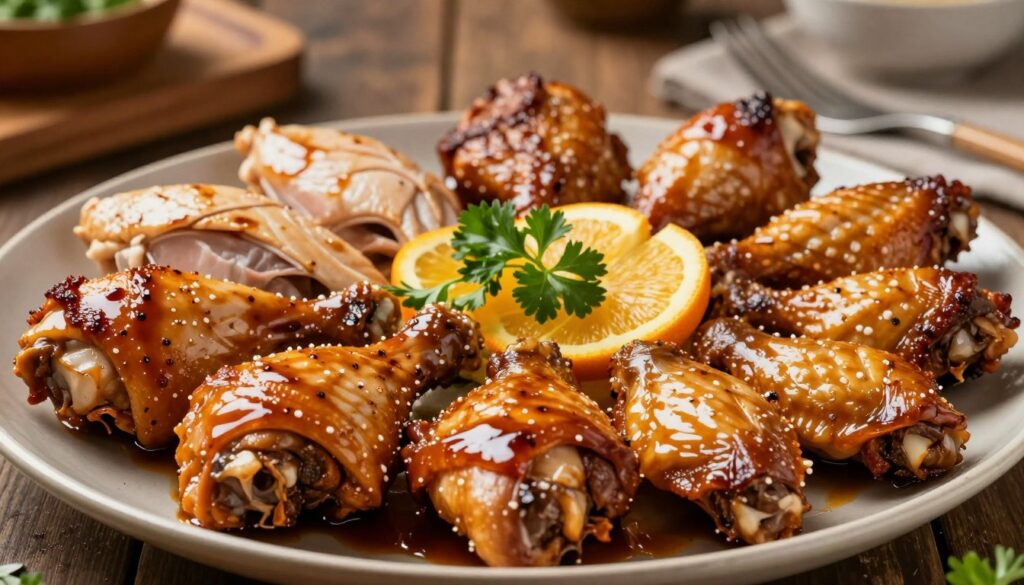 A beautifully arranged platter showcasing various parts of chicken, including succulent thighs, tender breasts, juicy drumsticks, and flavorful wings. Each piece is carefully marinated in a glossy soy sauce blend, glistening under soft, warm lighting that enhances the rich colors of the meat. The foreground features a close-up of the chicken pieces, highlighting their texture and delicious marinade. In the middle of the image, the platter is adorned with vibrant garnishes such as fresh herbs and citrus slices, adding a pop of color. The background includes a rustic kitchen setting with wooden elements, giving a homey atmosphere. The overall mood is inviting and appetizing, emphasizing a culinary delight centered on chicken dishes. A beautifully arranged platter showcasing various parts of chicken, including succulent thighs, tender breasts, juicy drumsticks, and flavorful wings. Each piece is carefully marinated in a glossy soy sauce blend, glistening under soft, warm lighting that enhances the rich colors of the meat. The foreground features a close-up of the chicken pieces, highlighting their texture and delicious marinade. In the middle of the image, the platter is adorned with vibrant garnishes such as fresh herbs and citrus slices, adding a pop of color. The background includes a rustic kitchen setting with wooden elements, giving a homey atmosphere. The overall mood is inviting and appetizing, emphasizing a culinary delight centered on chicken dishes.