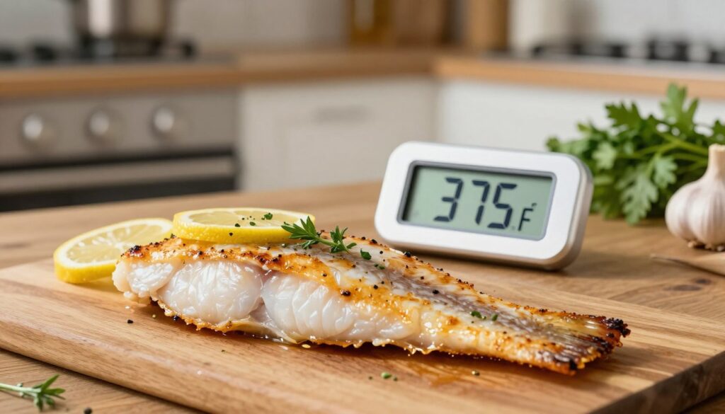 A beautifully arranged scene focusing on a perfectly cooked fish fillet on a rustic wooden table. In the foreground, a juicy, golden-brown fish fillet, garnished with fresh herbs and lemon slices, glistens under soft natural light, highlighting its tender texture. In the middle, a digital thermometer displaying the ideal baking temperature at 375°F is placed next to the fish, symbolizing precision in cooking. The background features a blurred kitchen setting with soft focus, including an oven and fresh ingredients like garlic and parsley, enhancing the cooking atmosphere. The overall mood is warm and inviting, reflecting the art of cooking fish to perfection.