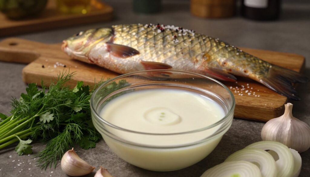 A beautifully arranged scene of a night marinade made from buttermilk, intended for carp. In the foreground, an elegant glass bowl filled with creamy buttermilk sits surrounded by fresh herbs like dill and parsley, garlic cloves, and thinly sliced onions. The marinade glistens softly under warm ambient light, conveying a sense of richness. In the middle ground, a wooden board displays whole carp, fresh and ready for marination, with a sprinkle of sea salt and pepper on top. The background features a rustic kitchen setting with dim lighting, enhancing a cozy, inviting atmosphere. Use a slight overhead angle to capture the entirety of the scene, while keeping focus sharp on the marinade and fish. The overall mood is warm and appetizing, creating an inviting culinary experience. A beautifully arranged scene of a night marinade made from buttermilk, intended for carp. In the foreground, an elegant glass bowl filled with creamy buttermilk sits surrounded by fresh herbs like dill and parsley, garlic cloves, and thinly sliced onions. The marinade glistens softly under warm ambient light, conveying a sense of richness. In the middle ground, a wooden board displays whole carp, fresh and ready for marination, with a sprinkle of sea salt and pepper on top. The background features a rustic kitchen setting with dim lighting, enhancing a cozy, inviting atmosphere. Use a slight overhead angle to capture the entirety of the scene, while keeping focus sharp on the marinade and fish. The overall mood is warm and appetizing, creating an inviting culinary experience.