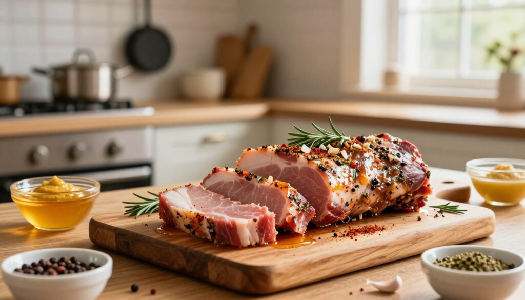 A beautifully arranged scene of marinated pork neck before baking, showcasing thick slices of pork marinating in a colorful mixture of herbs and spices. In the foreground, a rustic wooden cutting board displays the marinated meat, glistening with oil and sprinkled with fresh garlic, rosemary, and paprika. Surrounding the board are small bowls filled with marinade ingredients, such as honey, mustard, and black peppercorns, adding a vibrant touch. In the middle ground, a well-lit kitchen with pots and pans hung on the wall creates a warm and inviting atmosphere. The background features an oven preheating, with soft, natural light streaming through a window, casting a gentle glow on the scene. The mood is cozy and appetizing, perfect for illustrating the process of marinating before baking. A beautifully arranged scene of marinated pork neck before baking, showcasing thick slices of pork marinating in a colorful mixture of herbs and spices. In the foreground, a rustic wooden cutting board displays the marinated meat, glistening with oil and sprinkled with fresh garlic, rosemary, and paprika. Surrounding the board are small bowls filled with marinade ingredients, such as honey, mustard, and black peppercorns, adding a vibrant touch. In the middle ground, a well-lit kitchen with pots and pans hung on the wall creates a warm and inviting atmosphere. The background features an oven preheating, with soft, natural light streaming through a window, casting a gentle glow on the scene. The mood is cozy and appetizing, perfect for illustrating the process of marinating before baking.