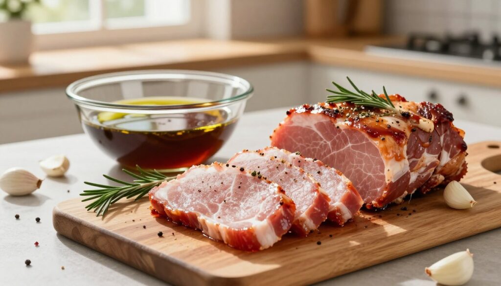 A beautifully arranged scene of pork neck slices prepared for baking, displayed on a wooden cutting board. In the foreground, glistening slices of marinated meat, seasoned with herbs and spices, are garnished with fresh rosemary and garlic cloves. In the middle, there’s a mixing bowl with a rich marinade, highlighting ingredients like olive oil and balsamic vinegar, ready to enhance the meat's flavor. The background features a cozy kitchen setting with warm, natural lighting streaming in through a window, casting soft shadows on the countertop. The overall mood is inviting and homey, evoking a sense of comfort and anticipation for a delicious meal.