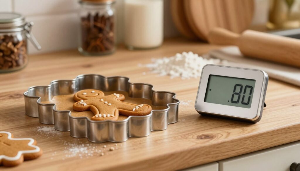 A beautifully arranged scene showcasing a classic gingerbread mold, intricately shaped, on a wooden kitchen counter. The mold, made of stainless steel or ceramic, has a beautiful embossed design. Next to it, a digital oven thermometer displays the ideal temperature for baking gingerbread, emphasizing precision. Soft, warm lighting floods the scene, creating a cozy and inviting atmosphere, reminiscent of a home bakery during the holiday season. In the blurred background, a rustic kitchen setting with spices, flour, and baking ingredients can be seen, suggesting the preparation of gingerbread. The overall mood conveys warmth, comfort, and the delightful anticipation of freshly baked gingerbread. Soft focus on the foreground to emphasize the mold and thermometer.
