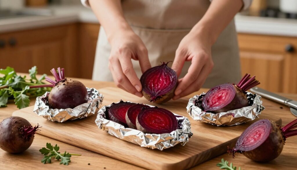 A beautifully arranged scene showcasing roasted beets wrapped in shiny aluminum foil sitting on a rustic wooden kitchen table. In the foreground, the vibrant red and purple beets glisten under soft, warm lighting, their natural textures visible through the foil. The middle ground features a pair of hands gently arranging the beets, clad in simple yet professional attire, emphasizing the cooking process. Surrounding the scene are scattered fresh herbs and kitchen utensils, adding a homely atmosphere. The background features a blurred kitchen setting with warm wooden cabinets, further enhancing the cozy vibe of home cooking. The image is captured from a slightly elevated angle, focusing on the beets and the action of preparation.