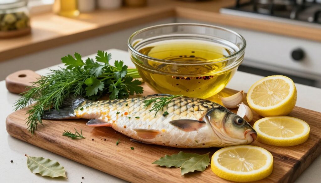 A beautifully arranged scene showcasing the traditional preparation of carp marinating before baking. In the foreground, a whole carp is placed on a rustic wooden cutting board, adorned with fresh herbs like dill, parsley, and bay leaves, alongside slices of lemon and garlic cloves, enhancing the vibrant colors. In the middle ground, a glass bowl filled with a savory marinade of olive oil, vinegar, and spices is highlighted, reflecting the ingredients beautifully. The background features a cozy kitchen setting with warm, diffused lighting illuminating the countertop, emphasizing a homely, inviting atmosphere. The angle is slightly top-down, allowing for a clear view of the marinating process and the freshness of the ingredients, evoking a sense of culinary artistry and tradition. A beautifully arranged scene showcasing the traditional preparation of carp marinating before baking. In the foreground, a whole carp is placed on a rustic wooden cutting board, adorned with fresh herbs like dill, parsley, and bay leaves, alongside slices of lemon and garlic cloves, enhancing the vibrant colors. In the middle ground, a glass bowl filled with a savory marinade of olive oil, vinegar, and spices is highlighted, reflecting the ingredients beautifully. The background features a cozy kitchen setting with warm, diffused lighting illuminating the countertop, emphasizing a homely, inviting atmosphere. The angle is slightly top-down, allowing for a clear view of the marinating process and the freshness of the ingredients, evoking a sense of culinary artistry and tradition.