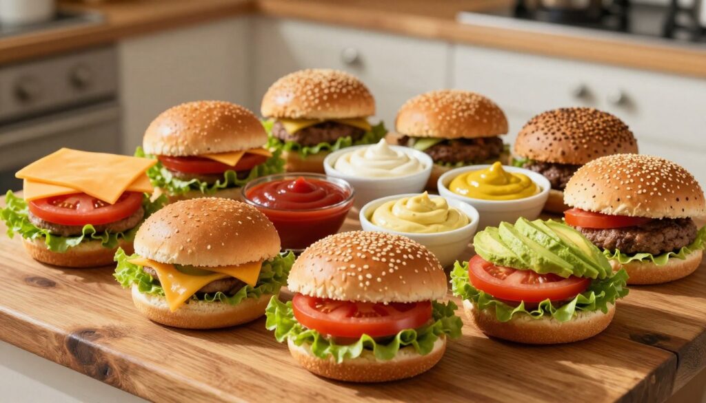 A beautifully arranged selection of burger buns and toppings on a rustic wooden table. In the foreground, showcase a variety of freshly baked buns: soft brioche, whole wheat, and sesame seed. Around them, display an assortment of vibrant toppings including crisp lettuce, ripe tomatoes, sharp cheddar slices, and creamy avocado. In the middle ground, add bowls of rich sauces like tangy ketchup, smooth mayonnaise, and zesty mustard. The background features a warm, inviting kitchen setting with soft diffused natural light streaming in, casting gentle shadows. Capture the scene from a slightly elevated angle to create a dynamic perspective, emphasizing the textures and colors of the ingredients. The mood should be appetizing and cheerful, perfect for a culinary-themed article on burgers.