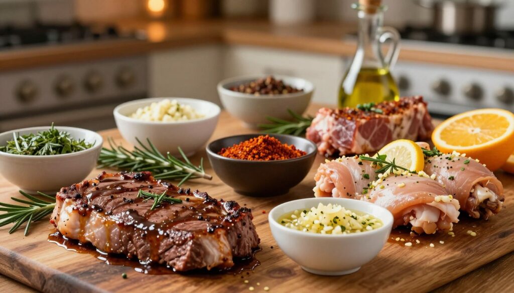 A beautifully arranged selection of marinated meats on a rustic wooden table, showcasing an assortment of colorful marinades in small bowls, such as vibrant herbs, spices, and oils. In the foreground, a tender piece of beef steak is drizzled with a rich, dark marinade, while juicy chicken thighs soak in a garlic-lemon mixture nearby. Middle ground includes pork chops sitting in a spicy rub, accompanied by aromatic rosemary sprigs and slices of fresh citrus. The background features a blurred kitchen scene, softly lit with warm, inviting light, creating a cozy atmosphere. The composition is focused on textures and colors, emphasizing the fresh ingredients and the art of marinating. Use a shallow depth of field to draw attention to the meats and marinades, capturing the essence of culinary preparation.