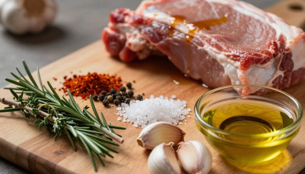A beautifully arranged selection of marinating ingredients for pork neck (karkówka). In the foreground, display fresh herbs such as rosemary and thyme, vibrant garlic cloves, and a small bowl of olive oil drizzled with balsamic vinegar. The middle section should include an array of spices—smoked paprika, black pepper, and sea salt—artistically spread across a wooden cutting board. In the background, softly blurred, place a few whole pork neck cuts, glistening with marinade. The lighting should be warm and inviting, casting gentle shadows to evoke a homely atmosphere. Use a shallow depth of field to create focus on the ingredients, giving the image a sense of intimacy and preparation for grilling. The overall mood should be appetizing and rustic, highlighting the natural colors and textures of the ingredients. A beautifully arranged selection of marinating ingredients for pork neck (karkówka). In the foreground, display fresh herbs such as rosemary and thyme, vibrant garlic cloves, and a small bowl of olive oil drizzled with balsamic vinegar. The middle section should include an array of spices—smoked paprika, black pepper, and sea salt—artistically spread across a wooden cutting board. In the background, softly blurred, place a few whole pork neck cuts, glistening with marinade. The lighting should be warm and inviting, casting gentle shadows to evoke a homely atmosphere. Use a shallow depth of field to create focus on the ingredients, giving the image a sense of intimacy and preparation for grilling. The overall mood should be appetizing and rustic, highlighting the natural colors and textures of the ingredients.