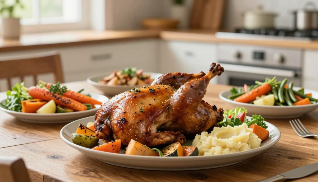 A beautifully arranged serving of roasted rabbit on a rustic wooden table. In the foreground, a golden-brown roasted rabbit glistens with herbs and spices, surrounded by vibrant accompaniments like creamy mashed potatoes, seasonal roasted vegetables, and a fresh salad. In the middle ground, a few elegant serving dishes showcase colorful side dishes, such as roasted carrots and green beans, garnished with fresh herbs. The background features a softly lit kitchen setting, with natural light streaming in through a window, creating a warm and inviting atmosphere. The mood is cozy and homey, perfect for a family gathering or a cozy dinner. Shot with a shallow depth of field to highlight the rabbit and side dishes, enhancing the culinary appeal.
