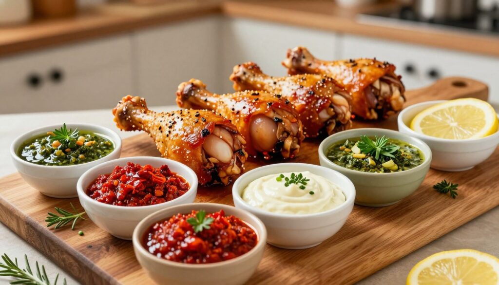 A beautifully arranged table showcasing a variety of marinades for chicken drumsticks, highlighting different flavors and ingredients. In the foreground, a rustic wooden cutting board displays small bowls filled with colorful marinades: vibrant red chili paste, creamy garlic sauce, and zesty lemon-herb dressing, each garnished with fresh herbs. The middle ground features marinated chicken drumsticks, glistening with flavor, resting on a platter. The background hints at a cozy kitchen, softly lit with warm, inviting lighting. The atmosphere exudes a sense of culinary creativity and personalization, emphasizing the joy of selecting and matching flavors to individual preferences. Capture this scene from a slightly elevated angle to showcase the vibrant colors and textures of the ingredients.