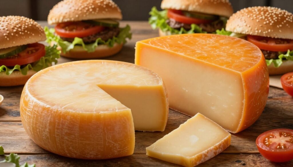 A beautifully arranged tabletop scene showcasing Gouda and Mimolette cheeses as gourmet burger toppings. In the foreground, a round wheel of creamy Gouda, with its distinctive smooth surface and rich yellow hue, is partially sliced, revealing its inviting texture. Next to it, a vibrant, orange-tinted Mimolette cheese, also cut, showcasing its unique texture and deep color. Surrounding the cheeses are fresh burger buns, lettuce, and tomatoes artistically arranging a gourmet vibe. The background features a rustic wooden table with soft, warm lighting that enhances the richness of the cheeses, evoking a delicious and inviting atmosphere. The image is captured from a slightly elevated angle to emphasize the textures and colors of the cheeses while keeping the focus sharp on the artisanal elements present.