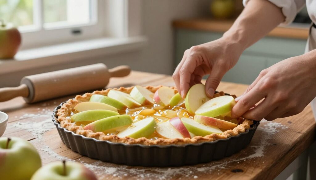 A beautifully arranged tart filled with juicy apples in the process of being layered in a pie dish. In the foreground, a close-up of the hands of a baker, skillfully placing thin slices of fresh, vibrant green and red apples into a buttery pastry crust. The middle ground showcases the partially filled pie, surrounded by a rustic wooden kitchen table adorned with flour dust and a rolling pin. In the background, soft natural light streams through a window, illuminating a cozy kitchen setting, accentuating the warm tones of baked goods. The atmosphere is inviting and homely, conveying a sense of comfort and delicious anticipation. Use a shallow depth of field to highlight the pie while softly blurring the background elements. The overall mood is one of cheerful creativity and culinary passion.