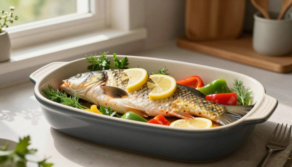 A beautifully arranged whole fish, such as a carp, placed delicately in a ceramic baking dish, surrounded by fresh herbs like dill and parsley. The fish is garnished with lemon slices and colorful bell peppers to enhance its presentation. The scene is set in a warm, inviting kitchen with soft, natural lighting streaming through a window, casting gentle shadows and highlighting the fish's glistening scales. In the background, kitchen utensils and herbs are subtly arranged, adding to the homely atmosphere. The focus is sharp, showcasing the textures of the fish and ingredients, while the composition evokes a sense of anticipation for a delicious meal.