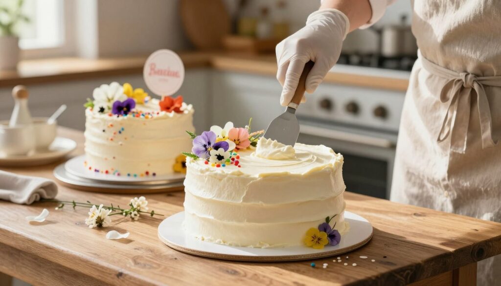 A beautifully decorated cake being frosted with a smooth layer of cream, set on a rustic wooden table decorated with delicate floral accents. In the foreground, a baker's hand, gloved and in a light pastel-colored apron, holds a spatula skillfully applying cream to the cake, creating a soft, elegant texture. The middle ground features an assortment of exquisite cake decorations like edible flowers, colorful sprinkles, and themed cake toppers, enhancing the cake's beauty. The background is softly blurred, showcasing a warm kitchen ambiance with natural light streaming in through a window, casting gentle shadows that create a cozy atmosphere. The overall mood is inviting and artistic, capturing the essence of cake decorating with professionalism and creativity.
