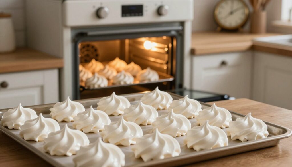 A beautifully lit kitchen scene capturing the process of drying meringues in an oven. In the foreground, a tray filled with perfectly shaped, glossy white meringues showcasing their delicate, airy textures shines under soft, warm lighting. The meringues are arranged neatly, some with subtle peaks and swirls. In the middle, an open oven door reveals the gentle golden-brown hue of the meringues as they bake, emitting an inviting warmth. The backdrop features rustic kitchen elements; a wooden countertop, baking utensils, and a vintage clock, enhancing the homey atmosphere. The overall mood is cozy and inviting, with warm light illuminating the space, creating an aura of baking perfection and culinary delight.