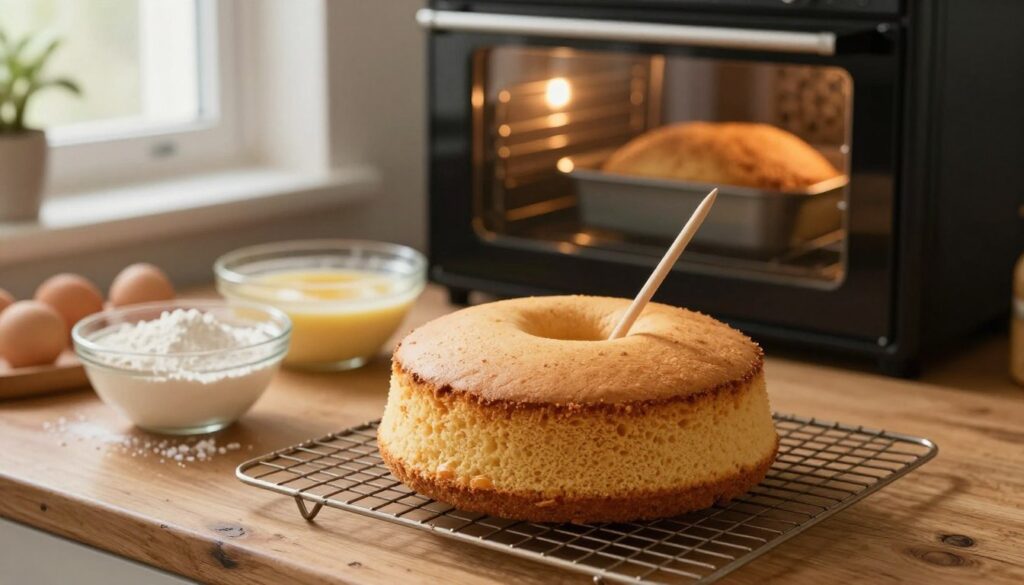 A beautifully lit kitchen scene showcasing the process of baking a sponge cake to the point of the "dry toothpick test". In the foreground, a golden-brown sponge cake is displayed on a cooling rack, with a wooden toothpick partially inserted into it, indicating readiness. The middle area features mixing bowls with batter and ingredients like eggs, flour, and sugar. A well-worn wooden countertop adds to the warmth of the scene. In the background, an oven with a glass door shows a cake rising, illuminated by soft, natural light streaming through a window, creating a cozy and inviting atmosphere. The overall mood is warm and encouraging, perfect for aspiring bakers.
