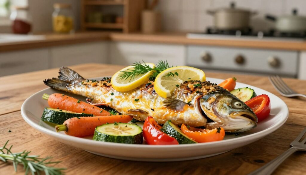 A beautifully plated baked trout garnished with fresh herbs and surrounded by a colorful medley of roasted vegetables, including carrots, zucchini, and bell peppers, arranged artfully on a rustic wooden table. The trout, glistening with a golden crust, displays slices of lemon and sprigs of dill on top. Soft, warm lighting creates a cozy atmosphere, enhancing the vibrant colors of the vegetables. In the background, a simple kitchen setting hints at a homey environment, with blurred shelves filled with spices and cooking utensils. The image captures a sense of delicious simplicity, perfect for a quick meal, inviting viewers to explore the flavorful experience of enjoying baked trout with vegetables.