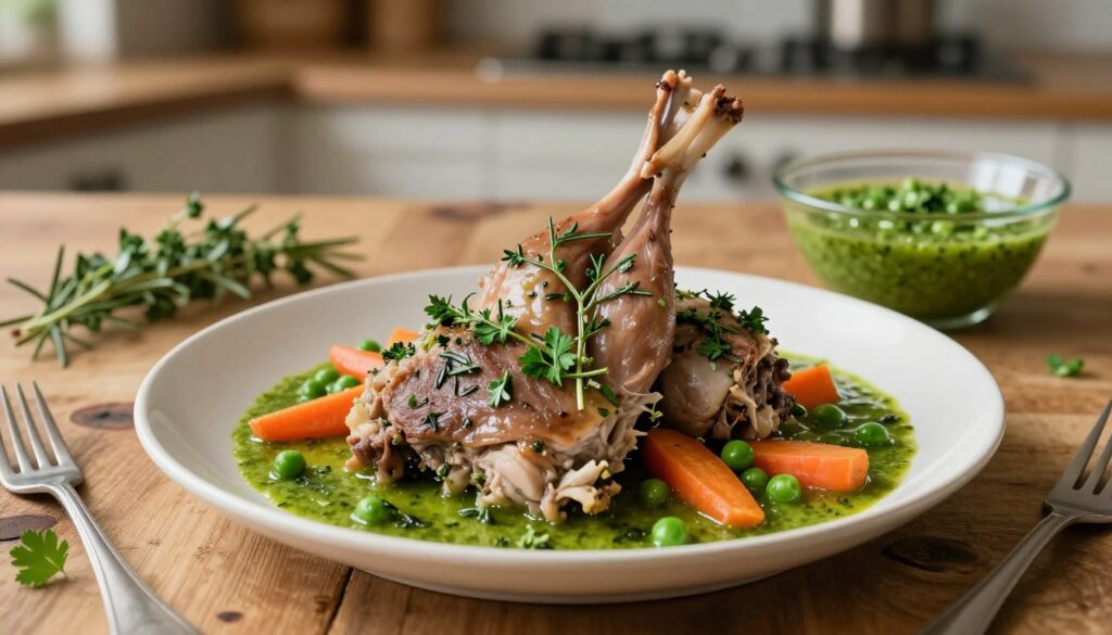 A beautifully plated dish of braised rabbit in a rich herb sauce, showcasing tender, succulent pieces of meat drenched in a vibrant green sauce made from fresh herbs such as parsley, thyme, and rosemary. In the foreground, the rabbit is garnished with aromatic herbs and accompanied by colorful vegetables like carrots and peas. The middle ground features a rustic wooden table setting, with a few scattered herbs and a bowl of vibrant sauce beside the plate. The background includes a softly blurred kitchen setting, evoking a homely atmosphere with warm, inviting lighting. The image captures a cozy, culinary ambiance, inviting the viewer to appreciate the dish's sophistication and the art of marinating meat for enhanced flavor.