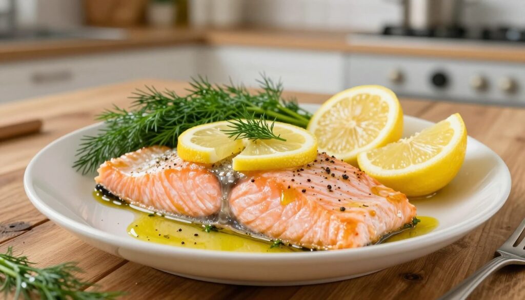 A beautifully presented dish of baked salmon garnished with fresh lemon slices and a sprinkle of dill, set on a rustic wooden table. In the foreground, the juicy pink salmon fillet is glistening with olive oil and pepper, showcasing its flaky texture. The middle ground features vibrant green dill and bright yellow lemon wedges artistically arranged around the fish, enhancing the freshness of the meal. In the background, there are soft-focus elements of a cozy kitchen, with warm lighting creating an inviting atmosphere. Capture the image from a slightly elevated angle to emphasize the dish's beauty, while ensuring a bright and airy feel that conveys a sense of home-cooked comfort.