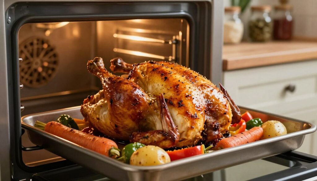 A beautifully roasted chicken in a home oven, glistening with a flavorful marinade, with herbs and spices visibly coating the skin. In the foreground, the chicken is placed on a glossy baking tray, surrounded by colorful vegetables like carrots, potatoes, and bell peppers, all cooked to perfection. The middle ground features the oven door partially ajar, showcasing warm, inviting kitchen lighting that highlights the chicken's golden-brown perfection. In the background, there are hints of rustic kitchen decor, such as wooden shelves filled with jars of spices and herbs, enhancing the cozy atmosphere. The scene captures the essence of home cooking, with a warm and inviting mood, perfect for a comforting meal preparation. The focus is sharp on the chicken, with a soft bokeh effect on the background details, creating an appetizing and delightful visual.