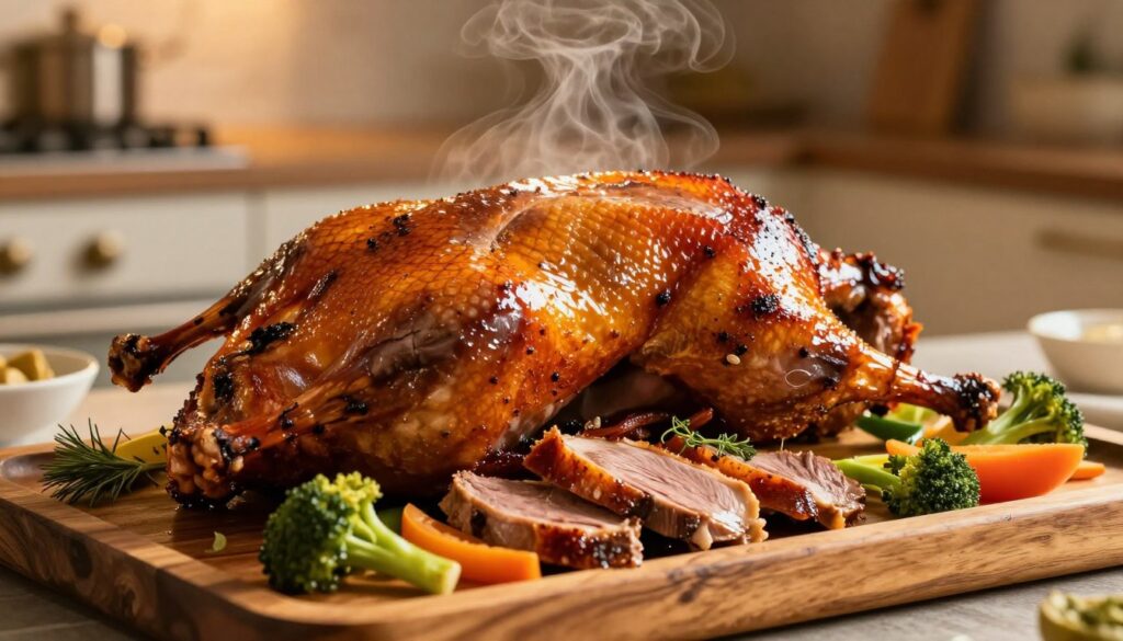 A beautifully roasted duck served on a rustic wooden platter, showcasing perfectly crispy skin that glistens with a golden sheen, highlighting its mouthwatering texture. In the foreground, focus on the succulent pieces of duck breast, tender and juicy, garnished with fresh herbs and accompanied by vibrant seasonal vegetables. In the middle, a hint of steam rises from the duck, emphasizing its warmth and inviting aroma. The background features a softly blurred kitchen setting, with warm, ambient lighting creating a cozy atmosphere. The image captures the essence of a comforting, luxurious meal, evoking a sense of home and culinary mastery, accentuated by an inviting, golden hour glow. A beautifully roasted duck served on a rustic wooden platter, showcasing perfectly crispy skin that glistens with a golden sheen, highlighting its mouthwatering texture. In the foreground, focus on the succulent pieces of duck breast, tender and juicy, garnished with fresh herbs and accompanied by vibrant seasonal vegetables. In the middle, a hint of steam rises from the duck, emphasizing its warmth and inviting aroma. The background features a softly blurred kitchen setting, with warm, ambient lighting creating a cozy atmosphere. The image captures the essence of a comforting, luxurious meal, evoking a sense of home and culinary mastery, accentuated by an inviting, golden hour glow.
