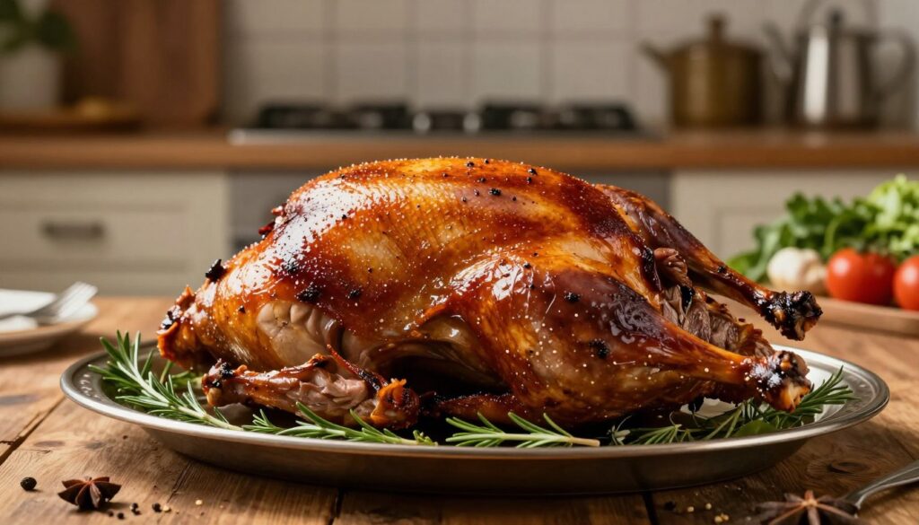 A beautifully roasted goose, showcasing succulent, juicy meat with a perfectly crisp golden skin, sits prominently on a rustic wooden table. The foreground features an elegant serving platter garnished with fresh herbs and fragrant spices, highlighting the rich textures of the meat. In the middle ground, a lightly blurred kitchen setting suggests a cozy atmosphere, with warm, inviting soft lighting reflecting off the shiny skin of the goose. Vintage kitchen utensils and fresh vegetables are subtly arranged in the background, enhancing the gourmet appeal. The overall mood is mouthwatering and inviting, evoking the sense of comfort and celebration associated with a well-prepared feast. The image is captured at a slightly elevated angle, maximizing the visual impact of the roast while maintaining an appetizing and professional look.