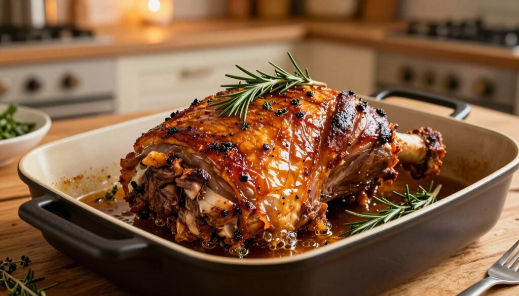 A beautifully roasted pork neck (karkówka) in a glossy, large roasting pan, placed on a rustic wooden kitchen table. The pork is golden brown with a crispy exterior, garnished with fresh herbs like rosemary and thyme. Juices are bubbling around the meat, highlighting its tenderness. In the background, a warm, inviting kitchen ambiance with soft, ambient lighting casts a golden glow over the scene. The focus is sharp on the roast, while the edges gently blur to create depth. Use a close-up angle, emphasizing the texture and glistening surface of the meat, evoking a sense of warmth and comfort, perfect for showcasing a delicious home-cooked meal.