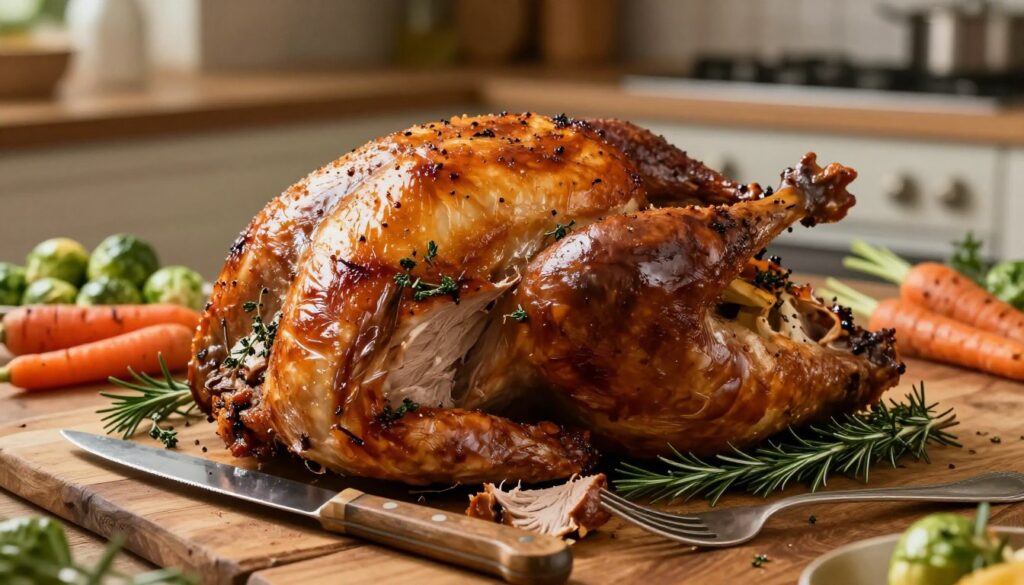 A beautifully roasted turkey with succulent meat and perfectly crispy skin, placed on a rustic wooden table. The turkey is golden brown with glistening, crunchy skin, garnished with fresh herbs like rosemary and thyme, hinting at its flavorful seasoning. In the foreground, a carving knife and fork are poised to slice into the tender meat. The middle ground showcases an array of colorful seasonal vegetables, such as roasted carrots and Brussels sprouts, enhancing the festive presentation. Soft, warm lighting illuminates the scene, casting gentle shadows and creating an inviting atmosphere. The background features a blurred kitchen setting, hinting at a cozy home environment, amplifying the warmth and comfort of a family gathering.