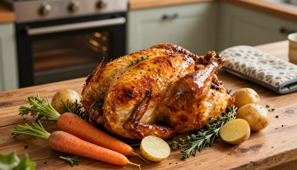 A beautifully roasted whole chicken, golden brown and shiny, positioned prominently on a rustic wooden table in a cozy kitchen setting. The chicken is garnished with fresh herbs, such as rosemary and thyme, and surrounded by vibrant, colorful seasonal vegetables like carrots and potatoes. Soft, warm lighting illuminates the scene, casting gentle shadows and highlighting the crispy skin of the chicken. In the background, a traditional oven is slightly open, hinting at the cooking process, while a pair of oven mitts rests nearby. The mood is inviting and homely, evoking the comforting atmosphere of a family gathering. The angle is slightly overhead to emphasize the chicken and its details, focusing on the textures and colors of the ingredients without any text or distractions.
