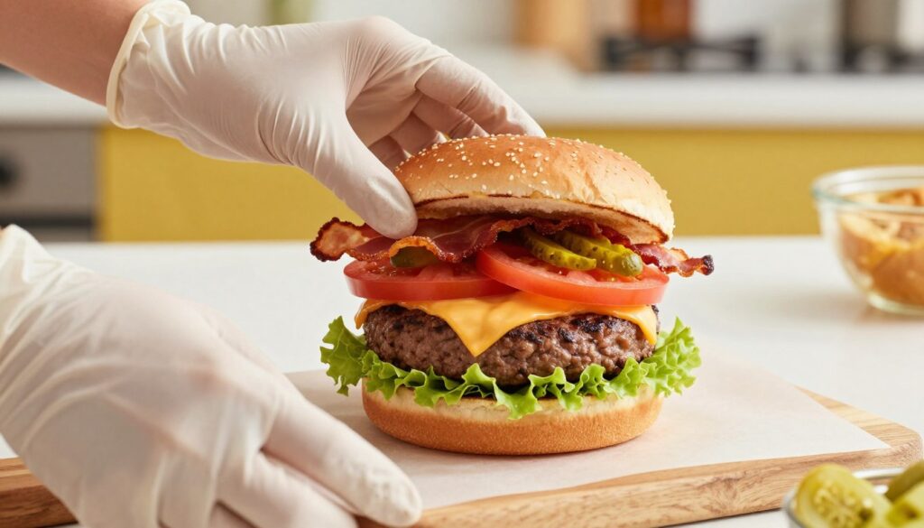 A beautifully staged burger assembly scene showcasing a juicy patty topped with melted cheese, fresh lettuce, and ripe tomato slices. The foreground features hands wearing clean, modest kitchen gloves gently placing crispy bacon and crunchy pickles onto the burger. The middle layer displays a freshly toasted bun, ready to receive the flavorful components, with a slight sheen indicating freshness. In the background, a vibrant kitchen setting with soft, natural light illuminating a clean countertop enhances the inviting atmosphere. Capture this from a slightly elevated angle to focus on the layering process, emphasizing textures and colors. The overall mood is warm and appetizing, promoting the idea of creating a delicious, crunchy burger full of flavor.