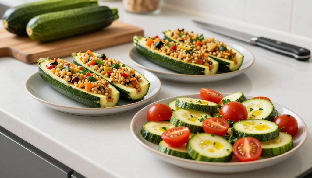 A beautifully styled kitchen countertop featuring an array of cooked zucchini dishes. In the foreground, a vibrant salad made with tender, sliced zucchini, colorful cherry tomatoes, and fresh herbs, garnished with a drizzle of olive oil. In the middle ground, a plate of stuffed zucchini boats filled with a savory mixture of grains and vegetables, artistically arranged. In the background, a wooden cutting board with a few whole zucchinis beside a sharp knife, hinting at the cooking process. Bright, natural lighting illuminates the scene, highlighting the fresh ingredients and creating a warm, inviting atmosphere. The angle should be slightly above the countertop, capturing the delicious details and inviting viewers to envision these healthy meals.